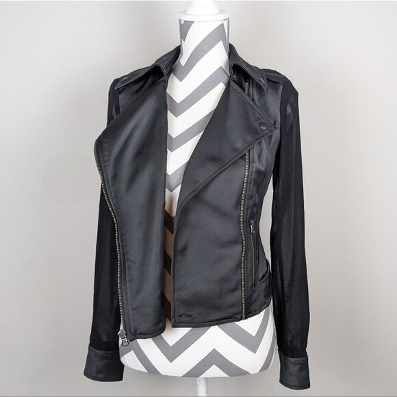 Guess Black Jacket Sheer Sleeve Satin Look Cropped Moto Extra Small XS Y2K - Picture 8 of 15